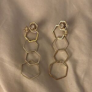 Gold Hexagon Drop Earrings 3 inch long drop